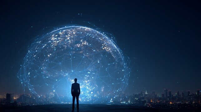 Businessman standing in front of a holographic digital Earth, representing the concept of global network and connectivity. The background is a blue night scene with the silhouette of a cityscape