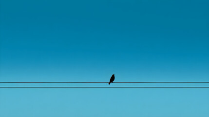 Serene Avian Silhouette: A Bird's Solitude on the Wire Amidst the Expansive Sky