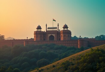 Historic red sandstone fort towering above lush green hills with vibrant sunrise sky