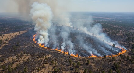 Aerial View of Wildfire Burning Through Forest Landscape with Smoke and Flames Rising Above Charred Ground