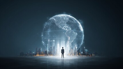 Businessman standing in front of a holographic digital Earth, representing the concept of global network and connectivity. The background is a blue night scene with the silhouette of a cityscape