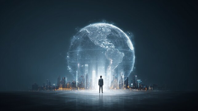 Businessman standing in front of a holographic digital Earth, representing the concept of global network and connectivity. The background is a blue night scene with the silhouette of a cityscape
