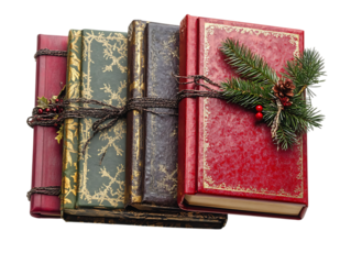 Four antique leather bound books tied with twine and decorated with a festive green fir branch and red berries isolated on transparent background