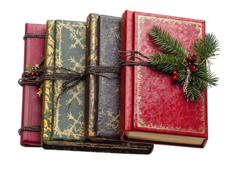 Four antique leather bound books tied with twine and decorated with a festive green fir branch and red berries isolated on transparent background - Powered by Adobe