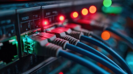 The illuminated network cables connecting to a server, showcasing modern technology.