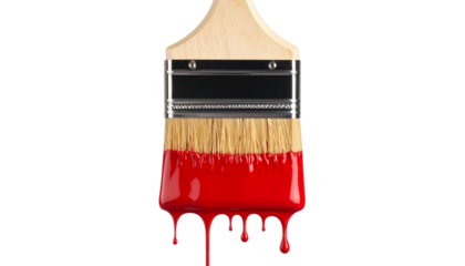 Paintbrush dipped in red paint with paint dripping or stroke effect, isolated on transparent background, PNG format