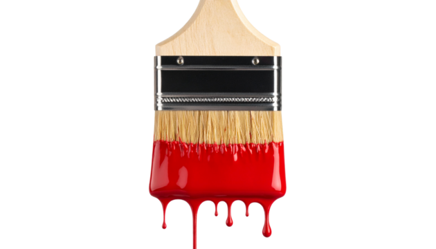 Paintbrush dipped in red paint with paint dripping or stroke effect, isolated on transparent background, PNG format