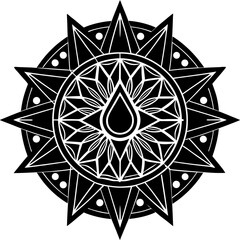 Black and white geometric mandala with a starburst design, isolated on white background