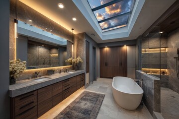 Luxurious modern bathroom with skylight