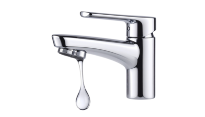 Realistic close-up of a chrome faucet with a single water droplet hanging from the spout, isolated on a transparent or white background, PNG format