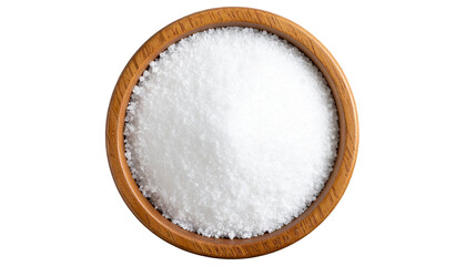 Granulated white sugar in a round wooden bowl, top-down flat lay view, isolated on a transparent background png