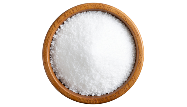 Granulated white sugar in a round wooden bowl, top-down flat lay view, isolated on a transparent background png