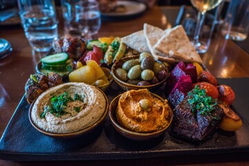 Diverse platter of Mediterranean small plates