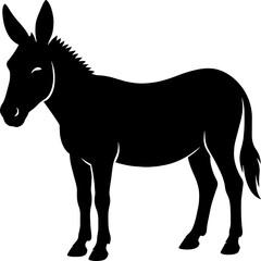 Obraz premium : A black-and-white silhouette of a donkey standing on all four legs, facing left. The composition features clear outlines of the donkey’s ears, mane, legs, and tail, emphasizing its distinct form