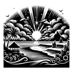 Tropical Paradise Sunset with Sailboats and Gazebo