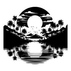 Tropical Silhouette Landscape with Palm Trees and Mountains