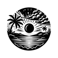 Tropical Sunset Palm Tree Silhouette Circular Design
