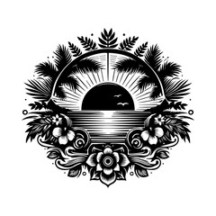 Tropical Sunset Emblem with Palm Trees and Flowers