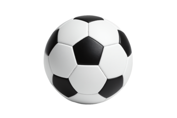 Classic soccer ball with black and white pattern on a transparent and white background, concept for sports equipment, team competition and international games