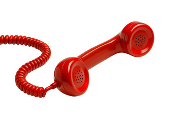 Vibrant red telephone receiver with coiled cord set against a stark transparent and white background, concept for urgent communication, emergency services and customer support.