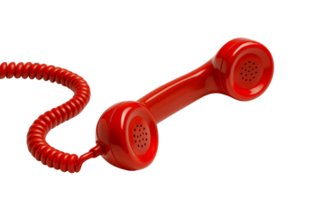 Vibrant red telephone receiver with coiled cord set against a stark transparent and white background, concept for urgent communication, emergency services and customer support.