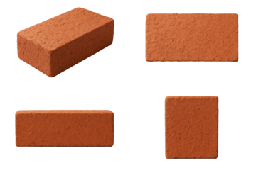 Studio shot of four orange-red bricks arranged on a transparent and white background, concept for construction material showcase, architectural reference and building element catalog