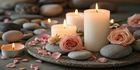 candles and rose petals on stones