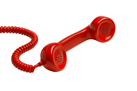 Vibrant red telephone receiver with coiled cord set against a stark transparent and white background, concept for urgent communication, emergency services and customer support.