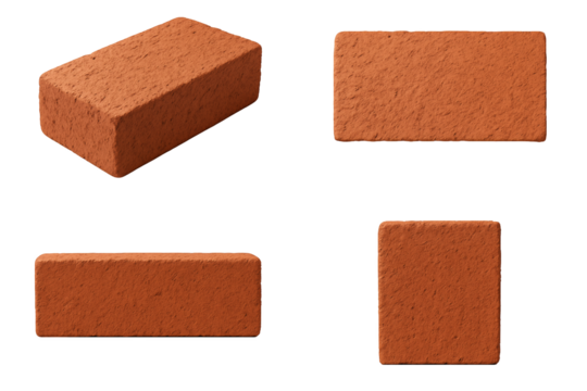 Studio shot of four orange-red bricks arranged on a transparent and white background, concept for construction material showcase, architectural reference and building element catalog