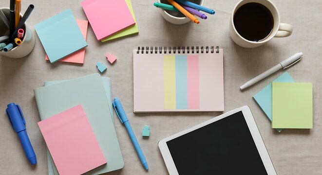 Pastel-colored stationery and tech items on a table, including sticky notes, notebooks, pens, a spiral notebook, a tablet, and a coffee cup