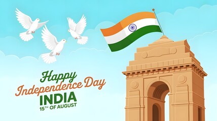 India gate with indian flag and doves symbolizing independence and celebration. Suitable for patriotic designs, historical commemorations, indian holiday promotions