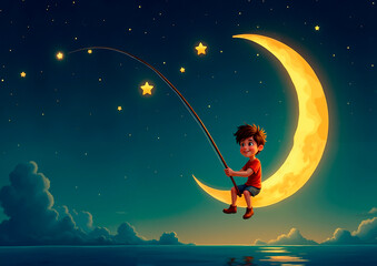 cartoon boy sitting on a crescent moon and catching stars with a fishing rod