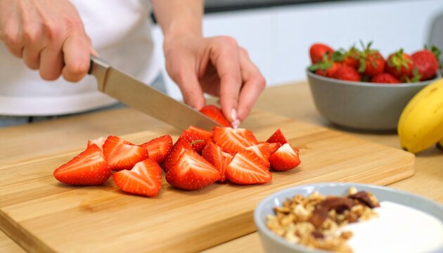 An ultra-realistic, close-up photograph of a person's hands slicing fresh, vibrant strawberries on a wooden cutting board
