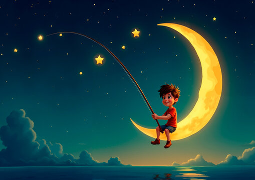cartoon boy sitting on a crescent moon and catching stars with a fishing rod