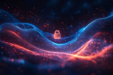 Digital security represented by glowing lock symbol amidst vibrant waves of colorful data particles in a futuristic background