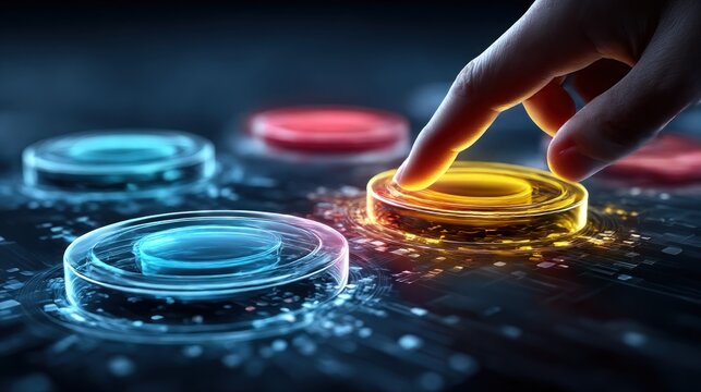 Finger presses glowing circular button