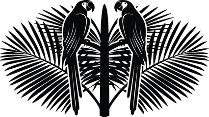 Naklejka premium Two parrots perched symmetrically on a stylized palm tree with large fronds in a black and white design style