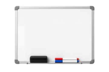 Clean whiteboard with markers and eraser on a transparent and white background, concept for planning sessions, educational presentations and brainstorming events