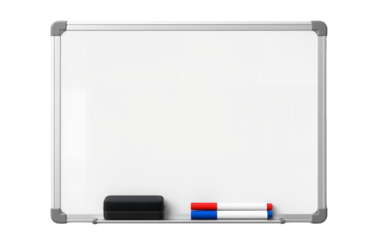 Clean whiteboard with markers and eraser on a transparent and white background, concept for planning sessions, educational presentations and brainstorming events