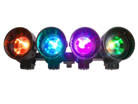 Four colorful stage lights emitting red blue purple and green light isolated on transparent background - Powered by Adobe