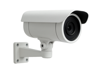 Close-up shot of a white surveillance camera with a protective visor on a transparent and white background, concept for security system, monitoring solution and crime prevention.