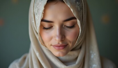 Fototapeta premium Close-up portrait of a serene woman with hijab, minimal background, natural lifestyle tone 