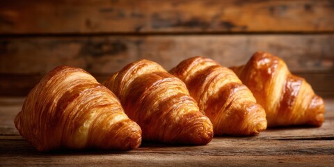 The golden croissants lined up on a rustic wooden table.