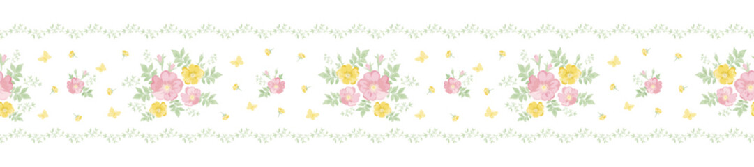 Vintage style floral seamless border, Vector hand drawn wild rose flowers illustration.