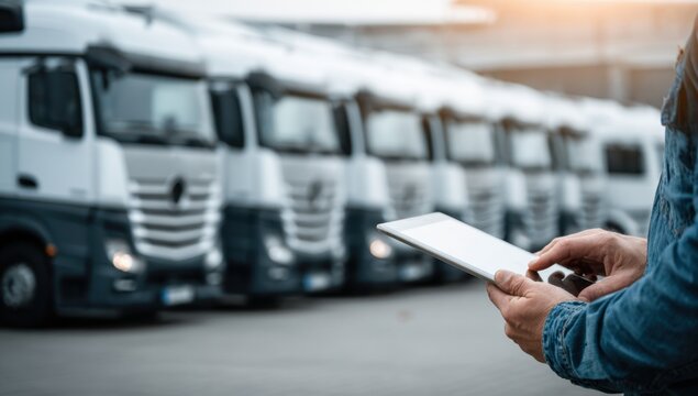 A person uses a digital tablet to manage a fleet of large trucks parked in a row on a paved , possibly for logistics. - Powered by Adobe