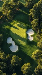 Golf course with bunkers and shadows cast by trees during golden hour in a serene landscape setting