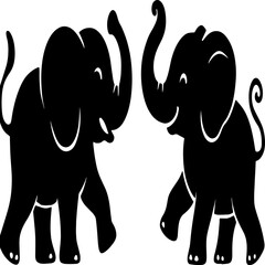 A heartwarming black-and-white silhouette featuring two elephants facing one another with raised trunks, rounded ears, and gently curved tails. Their stylized poses convey friendliness and interaction