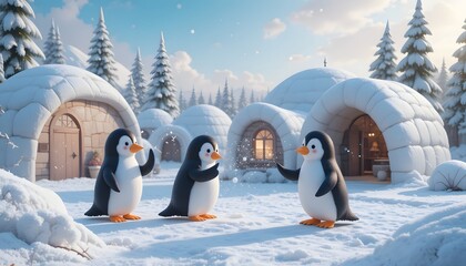 Cozy pastel igloo village with 3D penguins having a snowball fight
