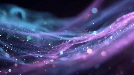 Abstract flowing waves of ethereal blue and purple light with magical bokeh particles
