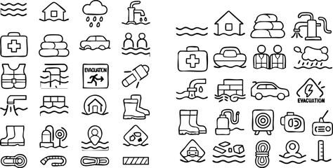 Flood Disaster Evacuation Icons Set.
